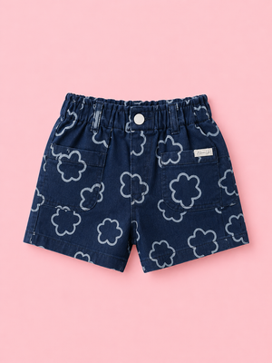 Girls Navy Blue Floral Print Denim Shorts BloomUp