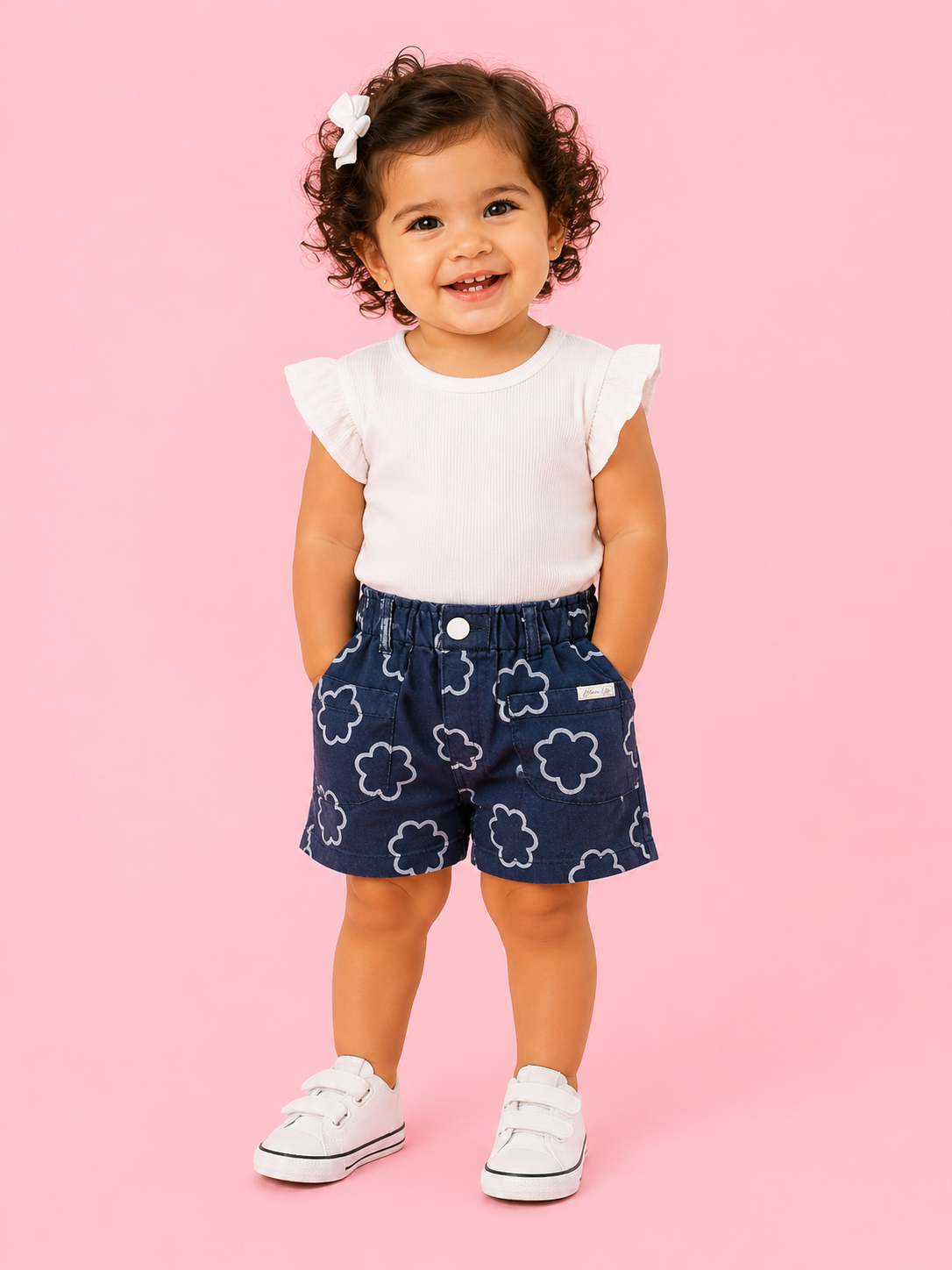 Girls Navy Blue Floral Print Denim Shorts BloomUp