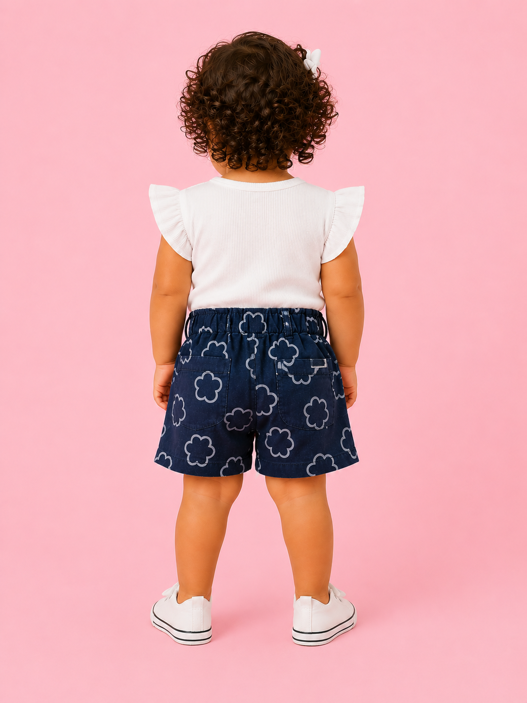 Girls Navy Blue Floral Print Denim Shorts BloomUp