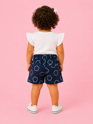 Girls Navy Blue Floral Print Denim Shorts BloomUp