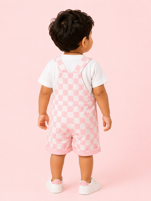 Brown Checkered Dungaree with T-Shirt Kids Co-ord Set – Soft Cotton Summer Outfit for Boys BloomUp