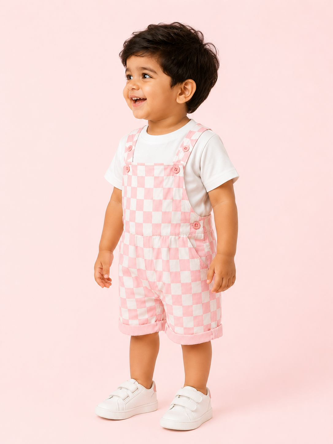 Brown Checkered Dungaree with T-Shirt Kids Co-ord Set – Soft Cotton Summer Outfit for Boys BloomUp