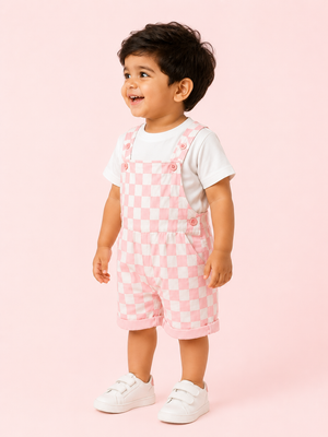 Brown Checkered Dungaree with T-Shirt Kids Co-ord Set – Soft Cotton Summer Outfit for Boys BloomUp