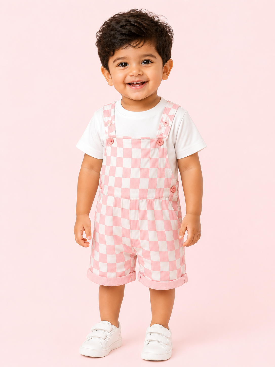 Brown Checkered Dungaree with T-Shirt Kids Co-ord Set – Soft Cotton Summer Outfit for Boys BloomUp