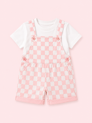Brown Checkered Dungaree with T-Shirt Kids Co-ord Set – Soft Cotton Summer Outfit for Boys BloomUp