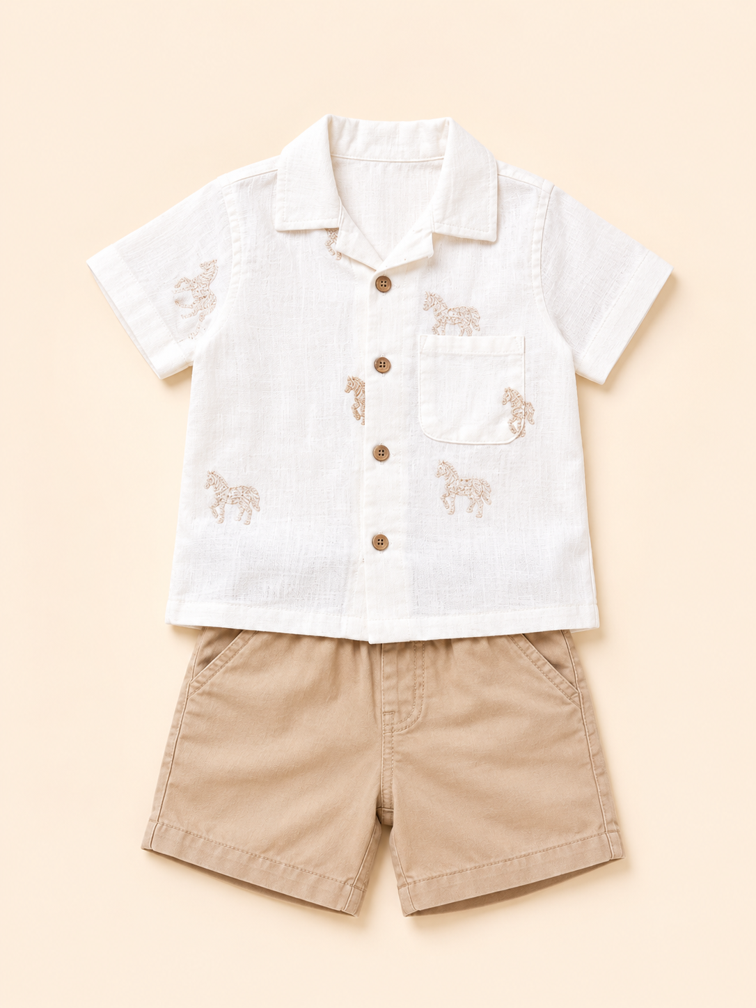 Beige Animal Embroidery Kids Shirt & Shorts Set – Soft Cotton Summer Co-ord Outfit for Boys BloomUp