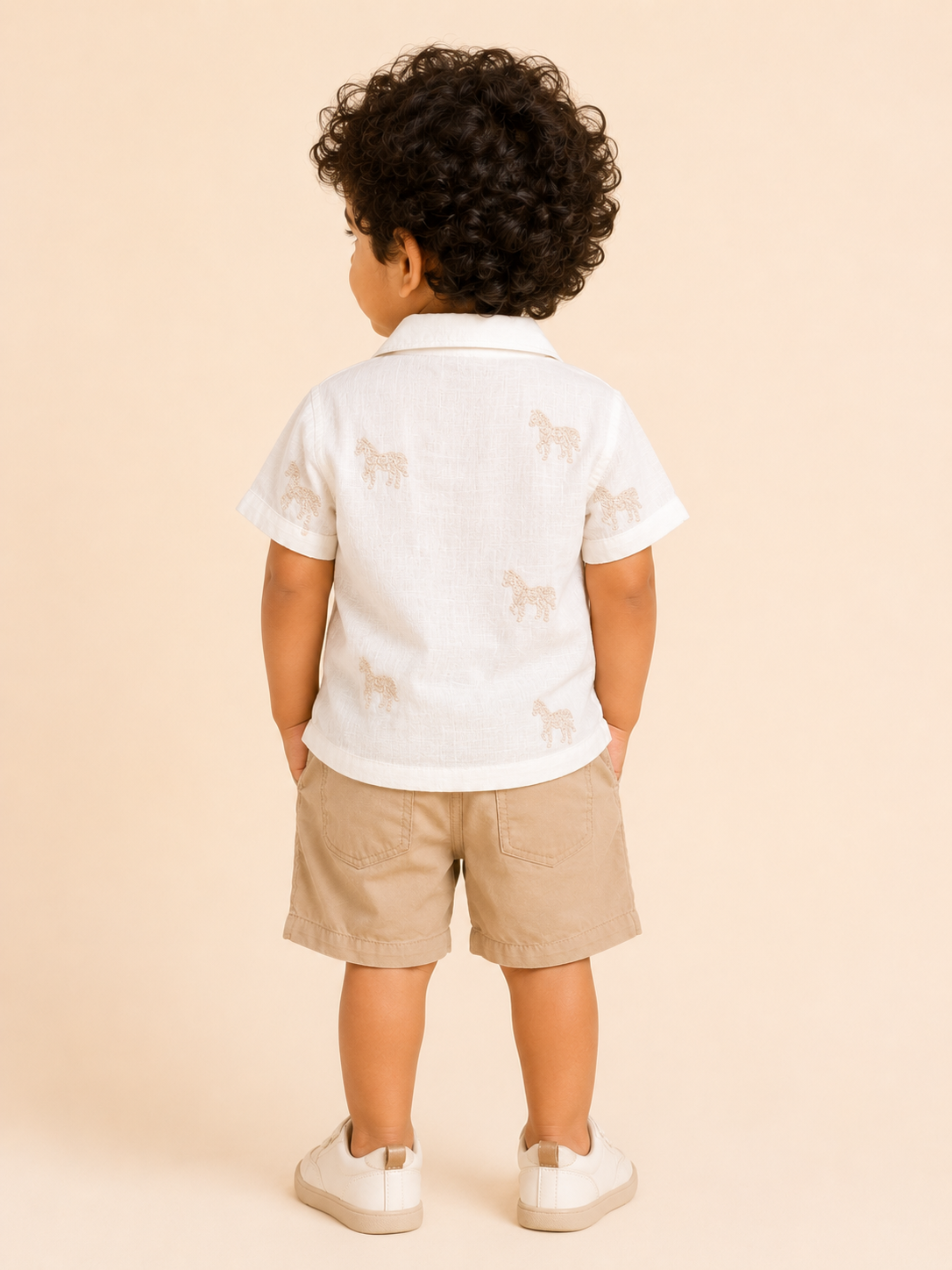 Beige Animal Embroidery Kids Shirt & Shorts Set – Soft Cotton Summer Co-ord Outfit for Boys BloomUp