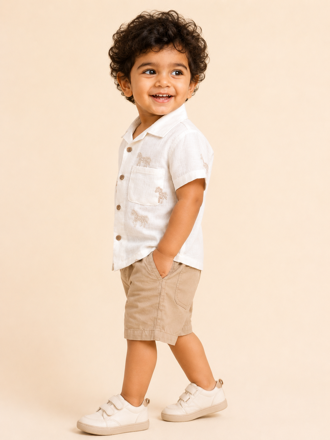 Beige Animal Embroidery Kids Shirt & Shorts Set – Soft Cotton Summer Co-ord Outfit for Boys BloomUp