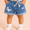 Girls Light Blue Denim Shorts with Butterfly Print & Floral Tie Belt