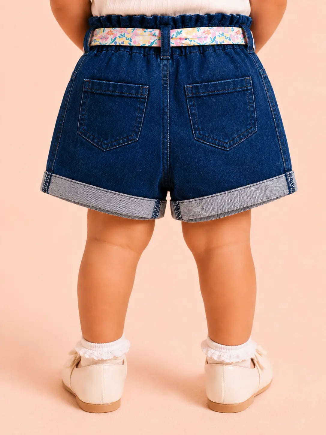 BloomUp Girls Blue Denim Shorts with Butterfly Print & Floral Belt