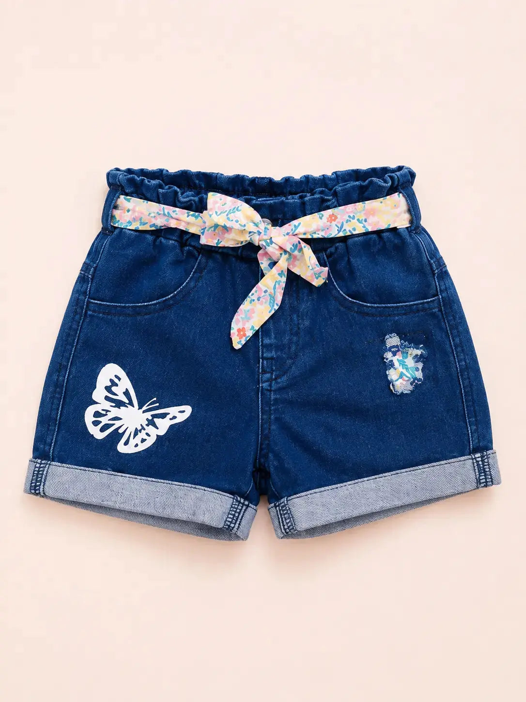 BloomUp Girls Blue Denim Shorts with Butterfly Print & Floral Belt