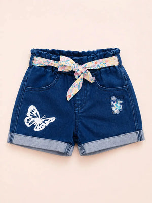 BloomUp Girls Blue Denim Shorts with Butterfly Print & Floral Belt