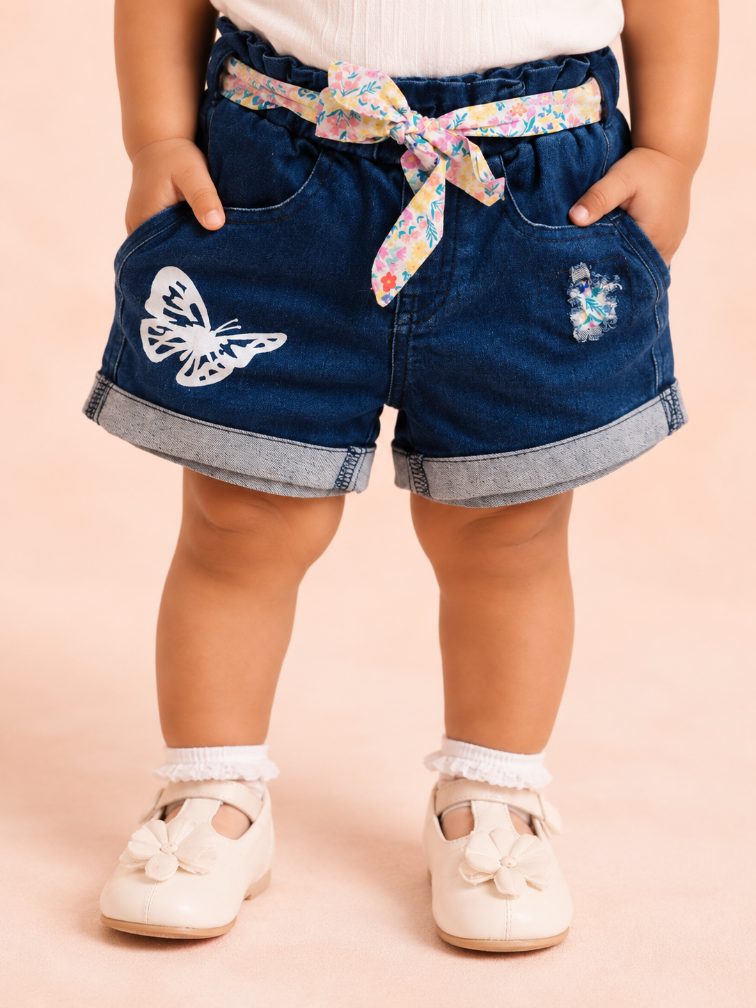 Girls Blue Denim Shorts with Butterfly Print & Floral Belt BloomUp