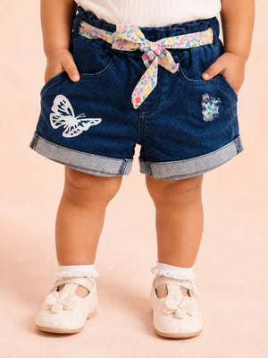 BloomUp Girls Blue Denim Shorts with Butterfly Print & Floral Belt