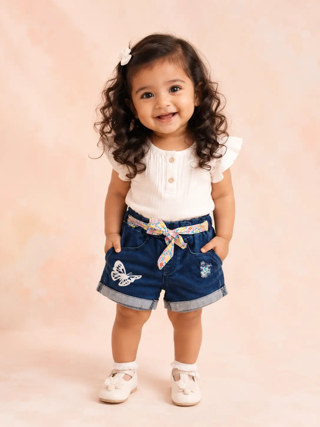 BloomUp Girls Blue Denim Shorts with Butterfly Print & Floral Belt