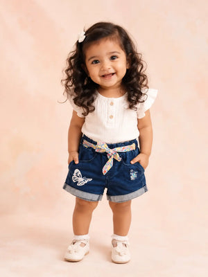 BloomUp Girls Blue Denim Shorts with Butterfly Print & Floral Belt