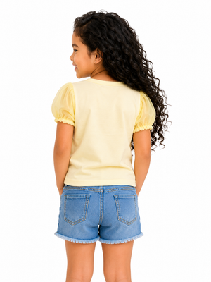Yellow “Let’s Go Play” Graphic Kids T-Shirt – Soft Cotton Puff Sleeve Summer Wear for Girls BloomUp