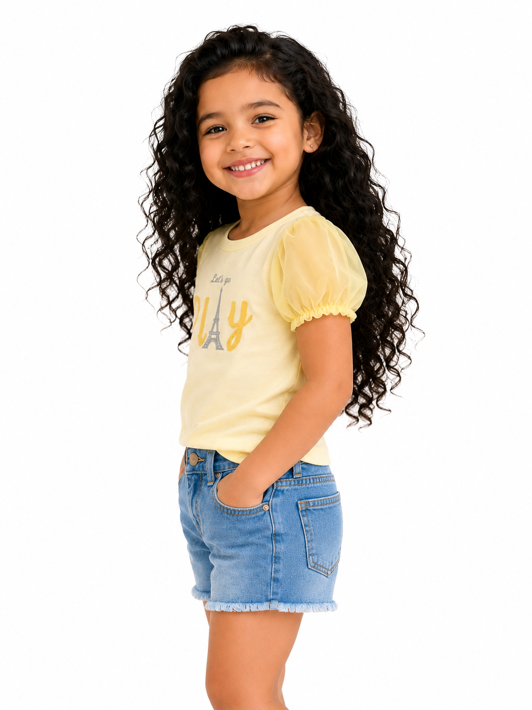 Yellow “Let’s Go Play” Graphic Kids T-Shirt – Soft Cotton Puff Sleeve Summer Wear for Girls BloomUp