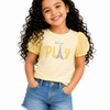 Yellow “Let’s Go Play” Graphic Kids T-Shirt – Soft Cotton Puff Sleeve Summer Wear for Girls