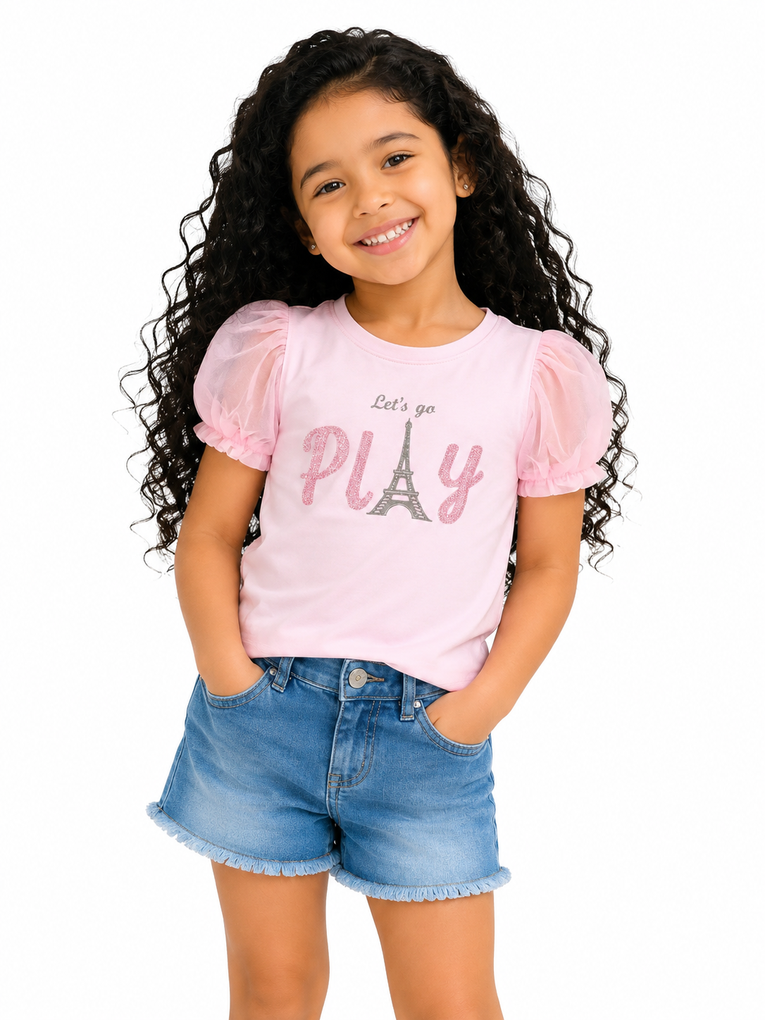 Pink “Let’s Go Play” Graphic Kids T-Shirt – Soft Cotton Puff Sleeve Summer Wear for Girls BloomUp