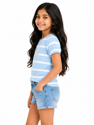 Blue Striped “Cool” Graphic Kids T-Shirt – Soft Cotton Puff Sleeve Summer Wear for Girls BloomUp