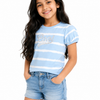 Blue Striped “Cool” Graphic Kids T-Shirt – Soft Cotton Puff Sleeve Summer Wear for Girls