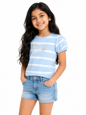 Blue Striped “Cool” Graphic Kids T-Shirt – Soft Cotton Puff Sleeve Summer Wear for Girls BloomUp