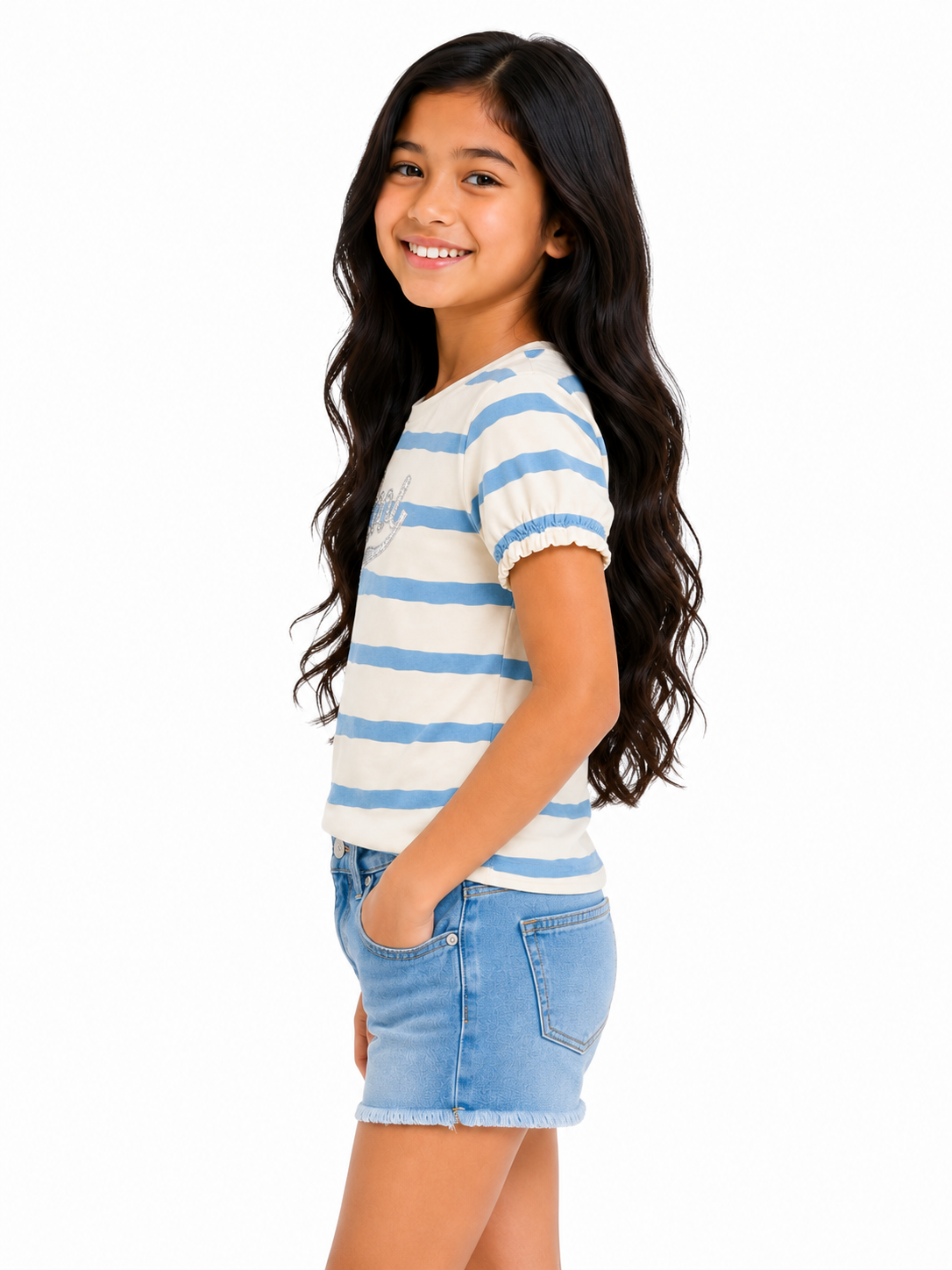 Cream & Blue Striped “Cool” Kids T-Shirt – Soft Cotton Puff Sleeve Summer Wear for Girls BloomUp