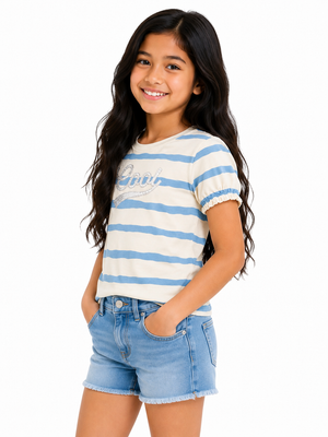 Cream & Blue Striped “Cool” Kids T-Shirt – Soft Cotton Puff Sleeve Summer Wear for Girls BloomUp
