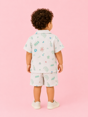 Boys White Printed Shirt And Soft Cotton Clothing Set BloomUp
