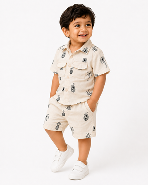 Stylish Boys White Printed Shirt And Soft Cotton Clothing Set BloomUp