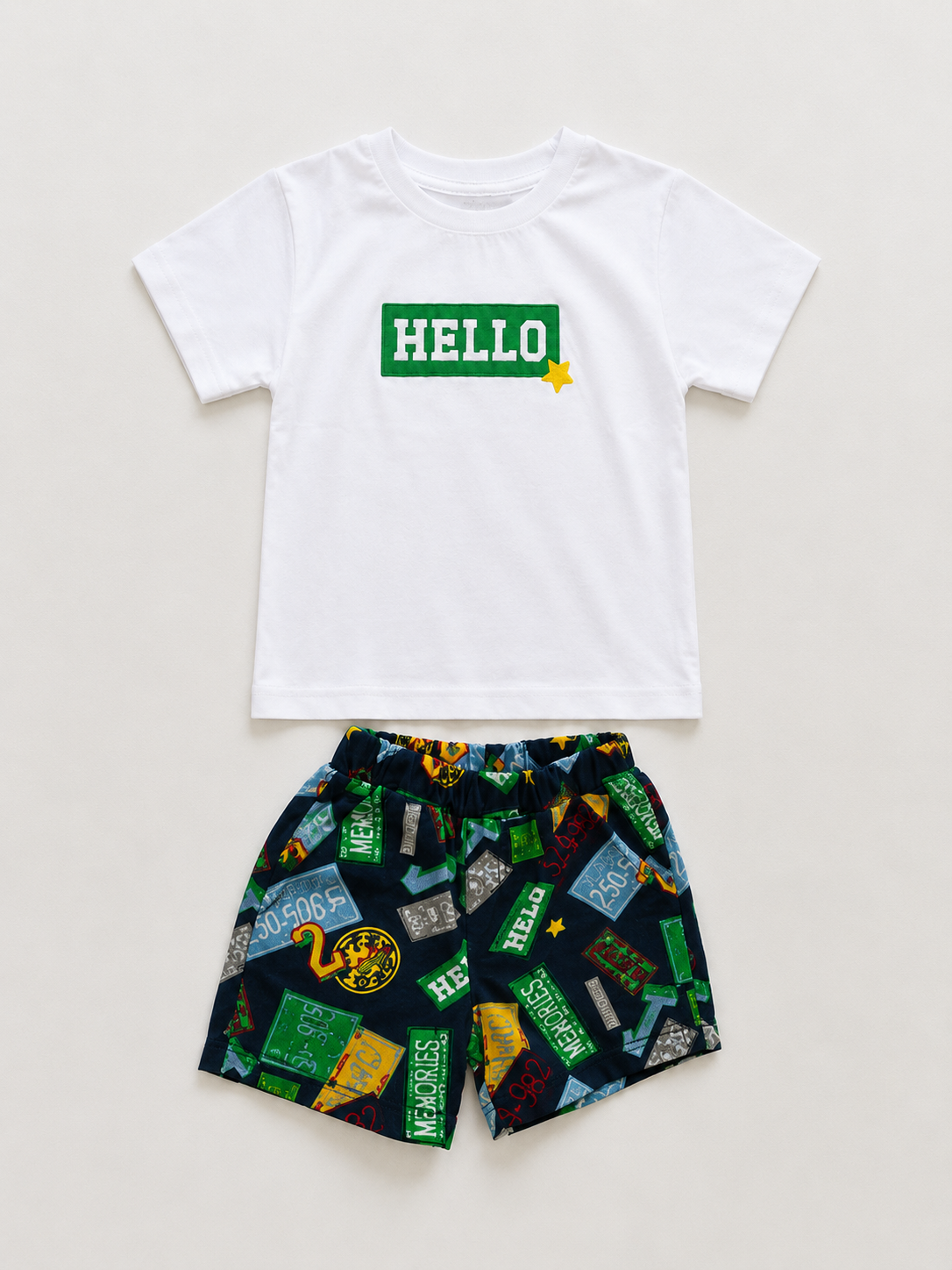 Boys Navy Blue Printed Shorts & Hello T Shirt Set BloomUp