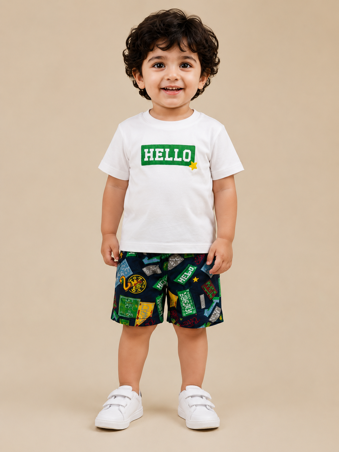 Boys Navy Blue Printed Shorts & Hello T Shirt Set BloomUp