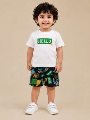 Boys Navy Blue Printed Shorts & Hello T Shirt Set BloomUp