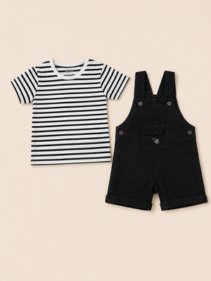 Boys Black Dungaree Shorts Set with Striped T-Shirt – Cute Casual Outfit for Toddlers BloomUp
