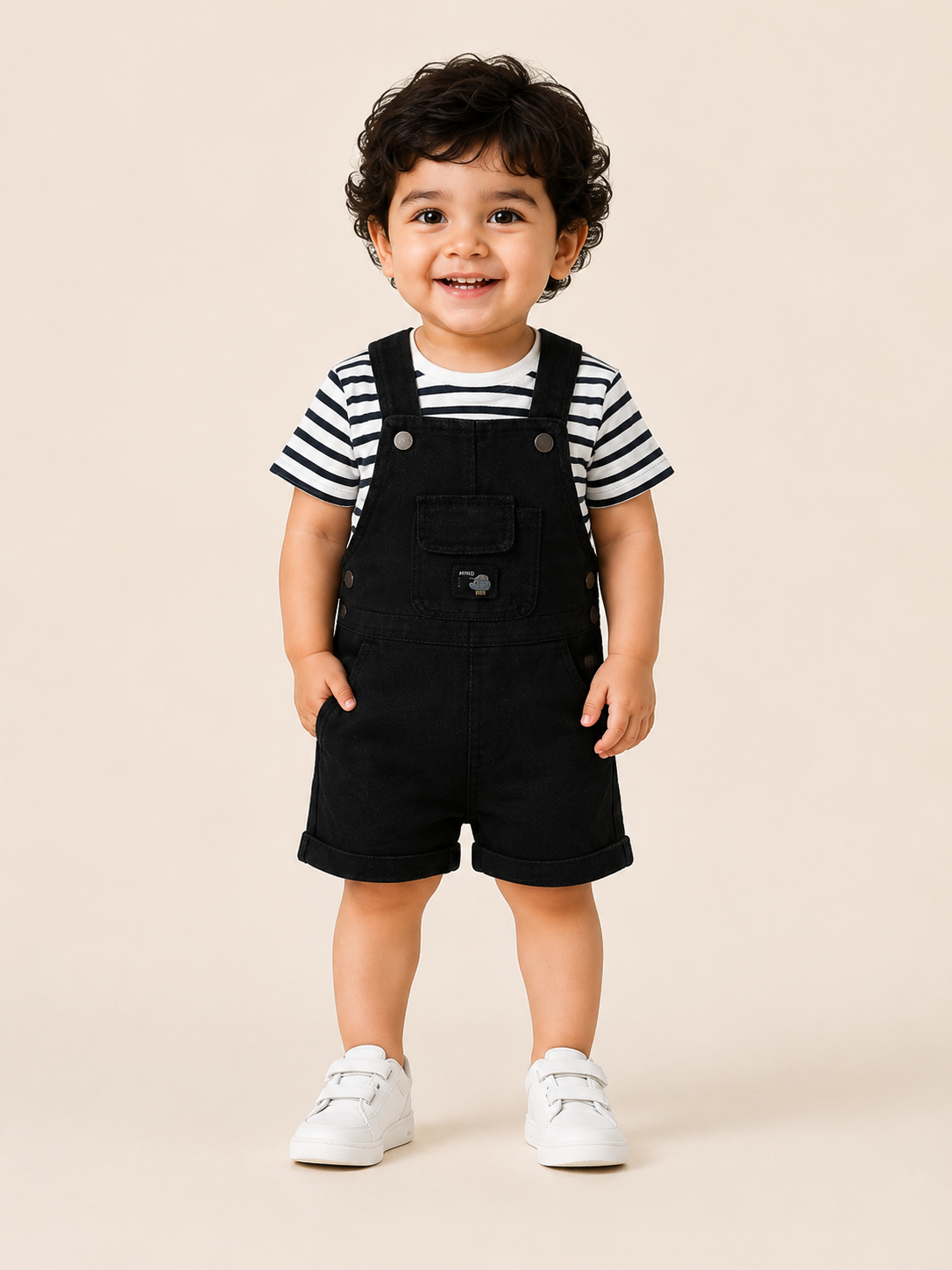 Boys Black Dungaree Shorts Set with Striped T-Shirt – Cute Casual Outfit for Toddlers BloomUp