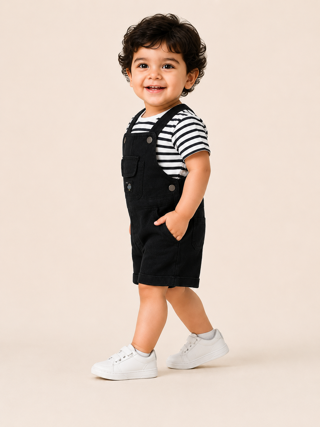 Boys Black Dungaree Shorts Set with Striped T-Shirt – Cute Casual Outfit for Toddlers BloomUp