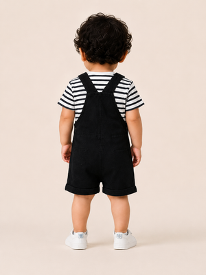 Boys Black Dungaree Shorts Set with Striped T-Shirt – Cute Casual Outfit for Toddlers BloomUp