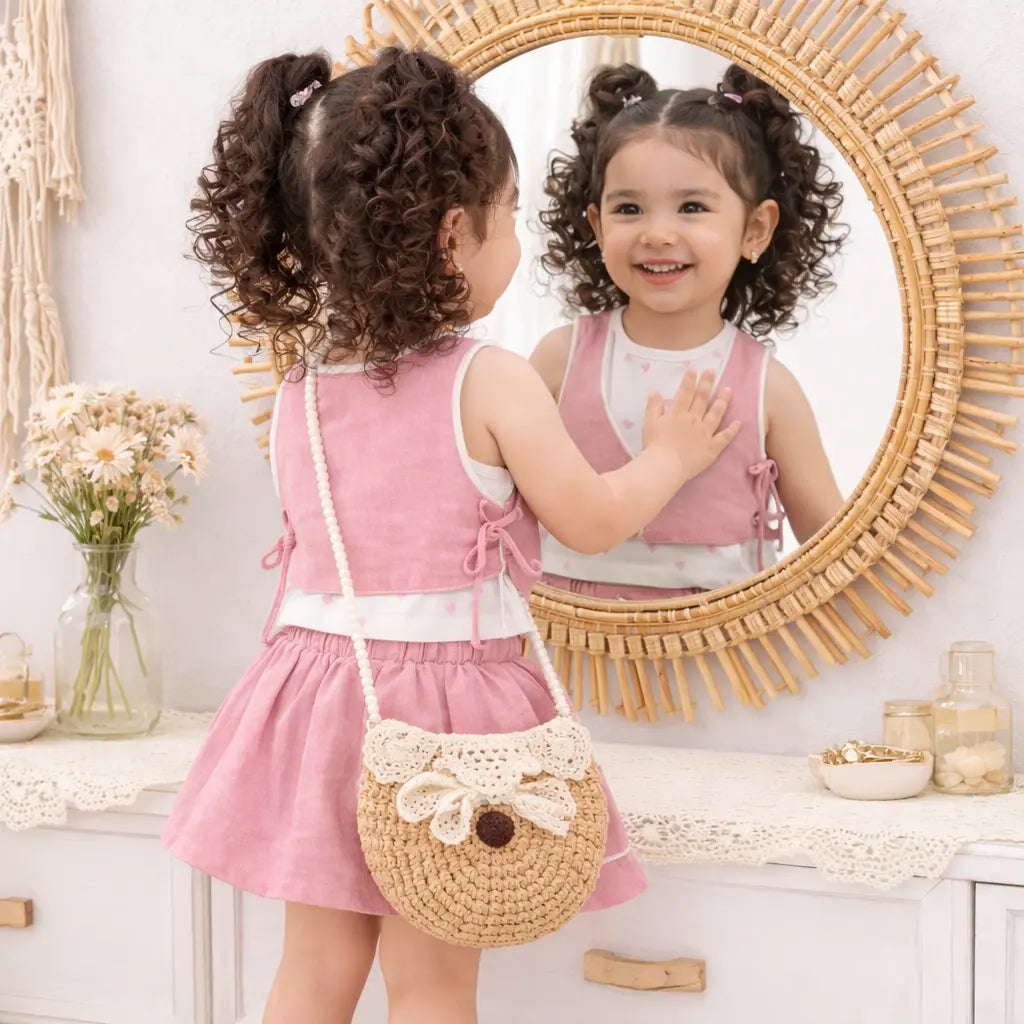 Pink Girls Co-ord Set – Soft Cotton Tie-Up Top & Skirt Summer Outfit BloomUp