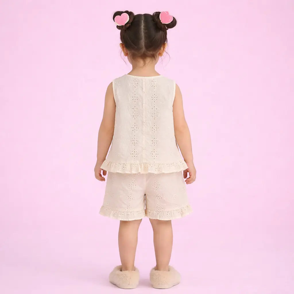 Off White Girls Co-ord Set – Cotton Schiffli Top & Shorts Summer Outfit BloomUp