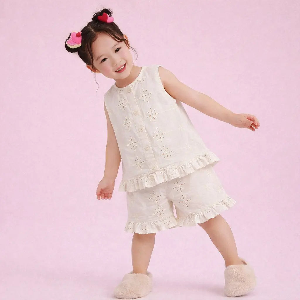 Off White Girls Co-ord Set – Cotton Schiffli Top & Shorts Summer Outfit BloomUp