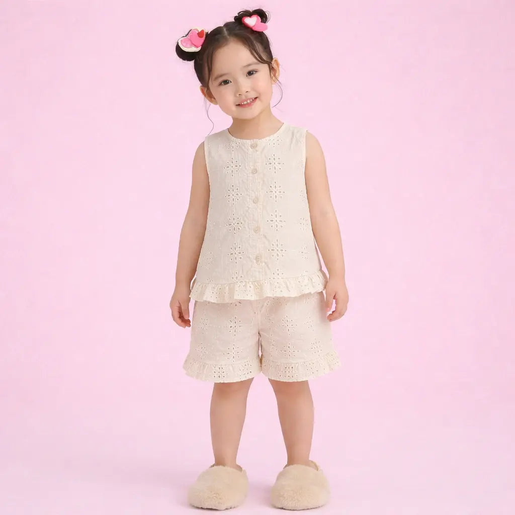 Off White Girls Co-ord Set – Cotton Schiffli Top & Shorts Summer Outfit BloomUp