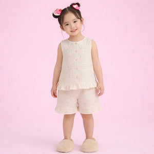 Off White Girls Co-ord Set – Cotton Schiffli Top & Shorts Summer Outfit BloomUp