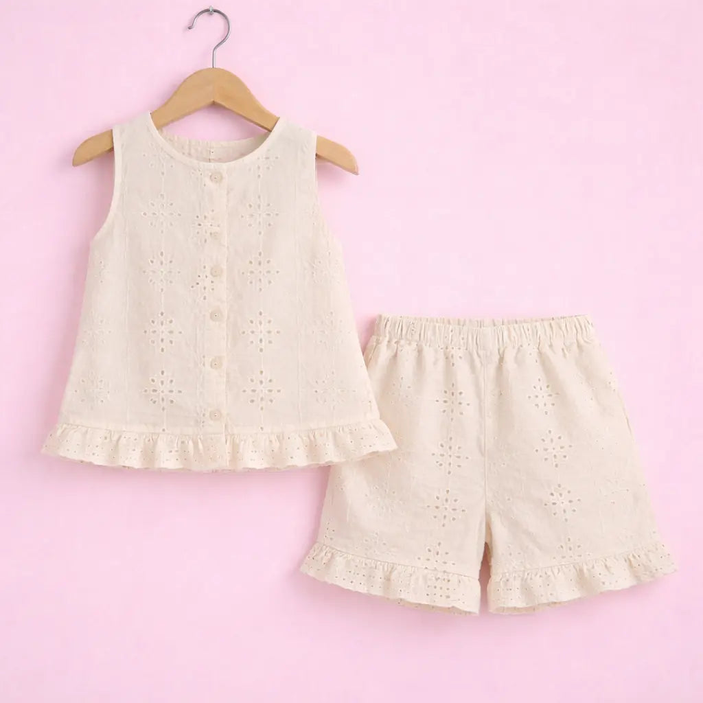 Off White Girls Co-ord Set – Cotton Schiffli Top & Shorts Summer Outfit BloomUp