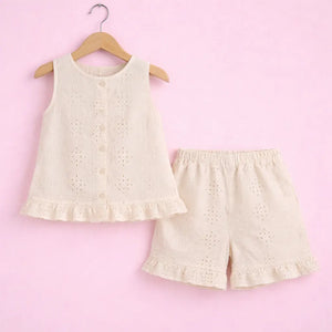 Off White Girls Co-ord Set – Cotton Schiffli Top & Shorts Summer Outfit BloomUp