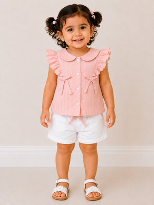 Girls Peach Flutter Sleeve Embroidered Soft Cotton Clothing Set BloomUp