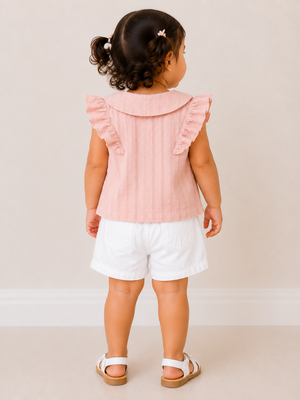 Girls Peach Flutter Sleeve Embroidered Soft Cotton Clothing Set BloomUp