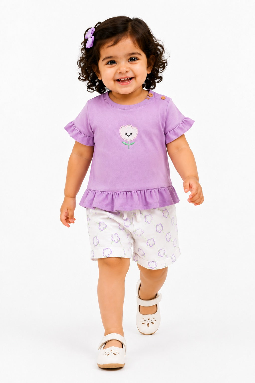 Girls Lavender Peplum Top & Printed Leggings Set Kidswear Cotton BloomUp