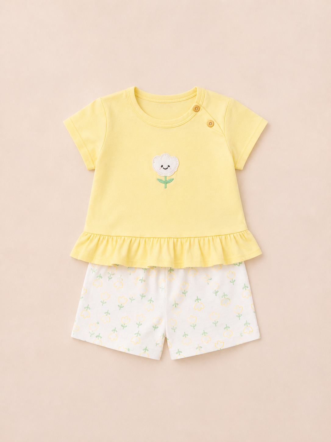 Girls Yellow Flower Appliqué Top & Shorts Set – Soft Cotton Summer Co-ord Outfit BloomUp