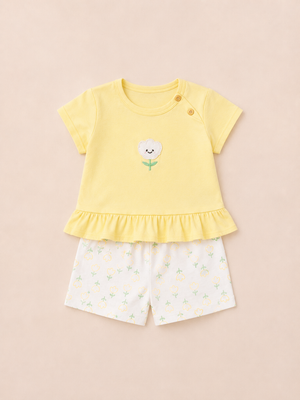 Girls Yellow Flower Appliqué Top & Shorts Set – Soft Cotton Summer Co-ord Outfit BloomUp